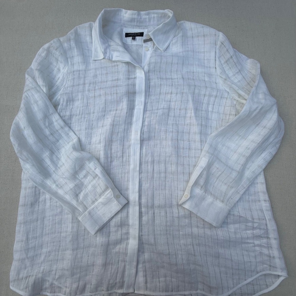 Lafayette 148 New York White Sheer Linen Grid Button Down Shirt Blouse XL - Picture 7 of 11